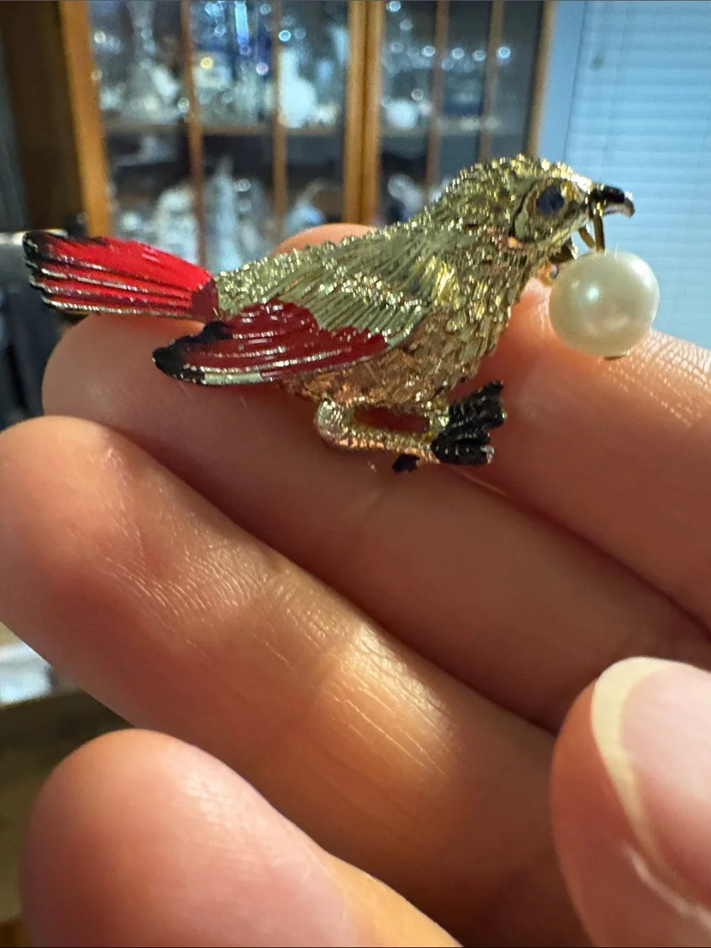 Vintage Gold and Red Bird Brooch with Pearl Accent - Elegant Bird Pin